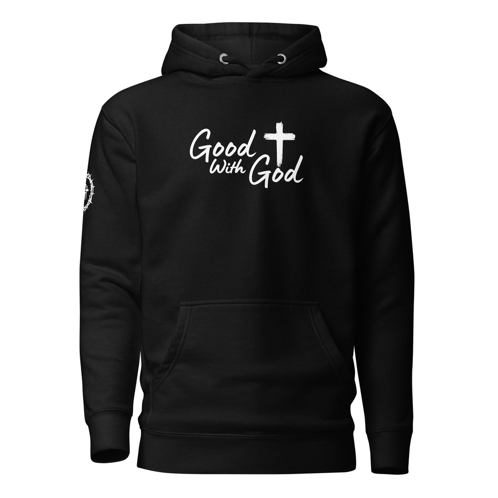 Front view of black Cotton Heritage M2580 unisex premium pullover hoodie with white Good With God Christian typography and cross graphic on chest.