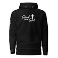 Front view of black Cotton Heritage M2580 unisex premium pullover hoodie with white Good With God Christian typography and cross graphic on chest.
