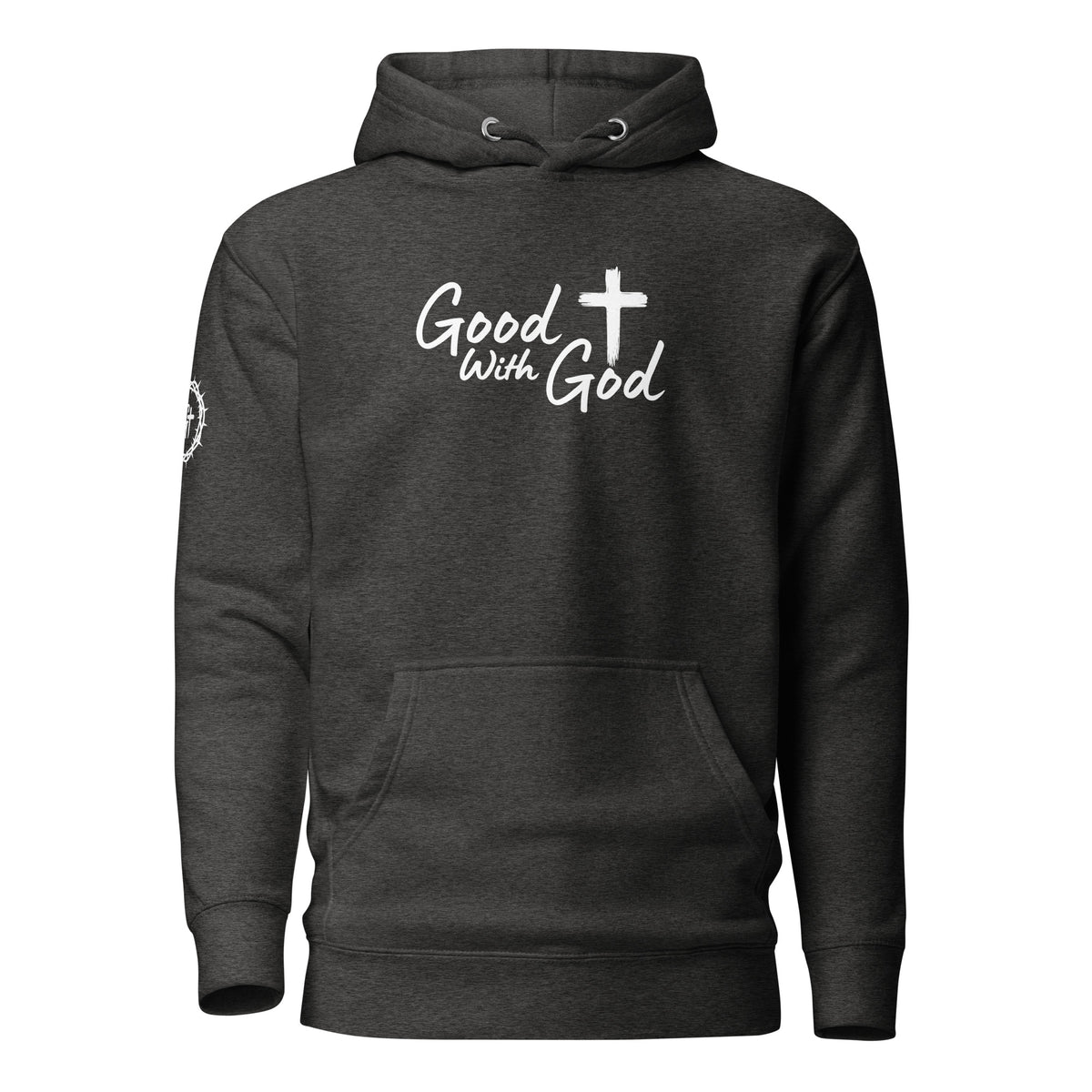 Front view of dark gray Cotton Heritage M2580 unisex premium pullover hoodie with white Good With God Christian typography and cross graphic on chest.
