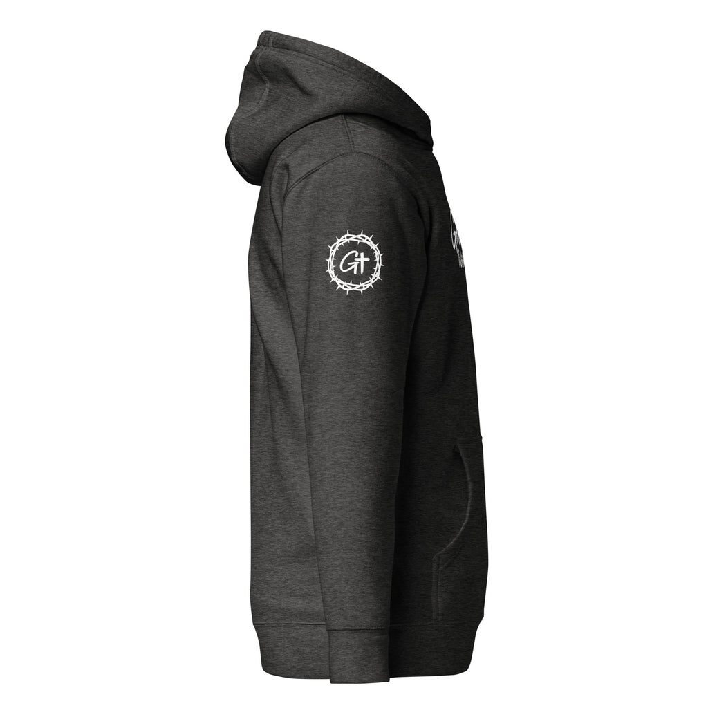 Right sleeve detail of dark gray Good With God premium pullover hoodie featuring a white crown of thorns logo enclosing a cross graphic.