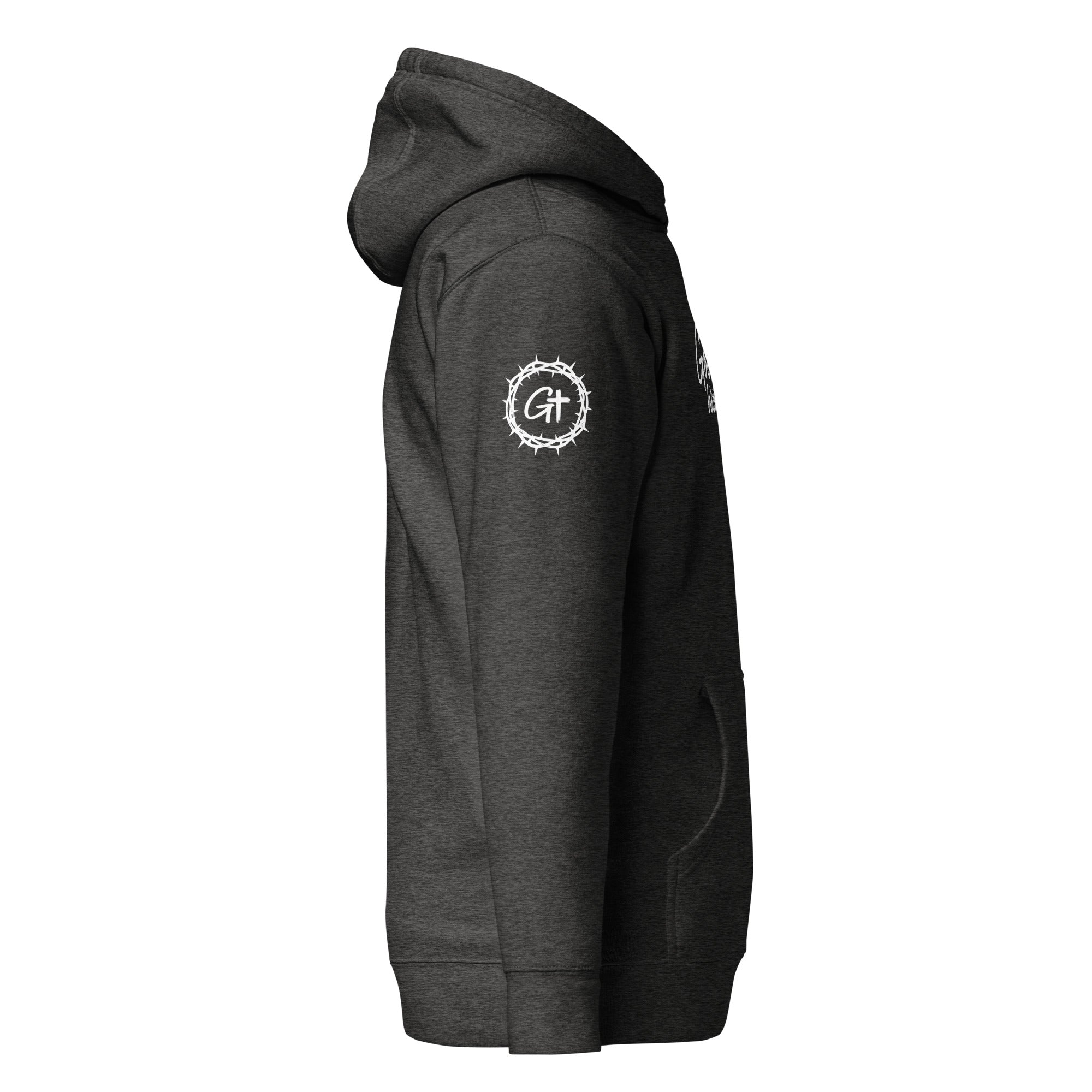 Right sleeve detail of dark gray Good With God premium pullover hoodie featuring a white crown of thorns logo enclosing a cross graphic.