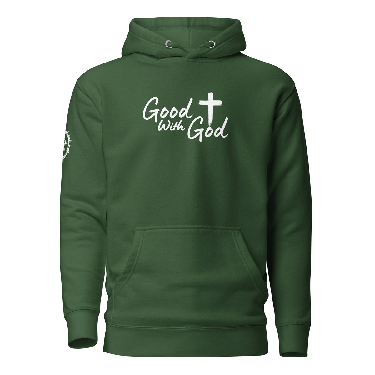 Front view of green Cotton Heritage M2580 unisex premium pullover hoodie with white Good With God Christian typography and cross graphic on chest.