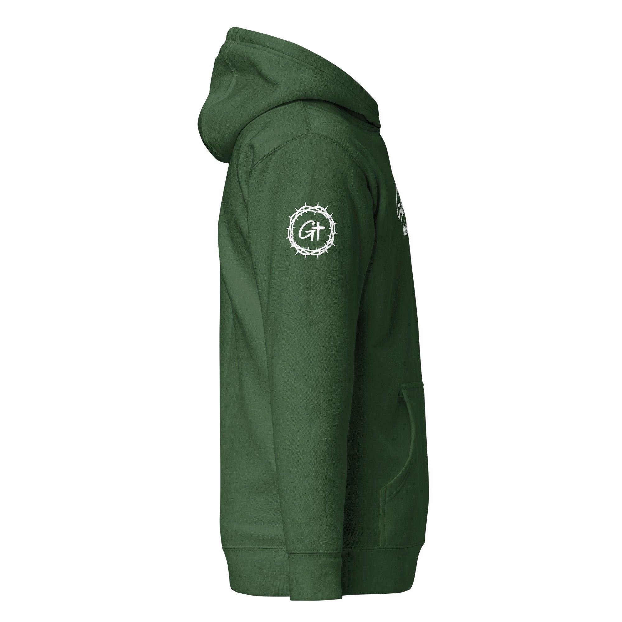 Right sleeve detail of green Good With God premium pullover hoodie featuring a white crown of thorns logo enclosing a cross graphic.