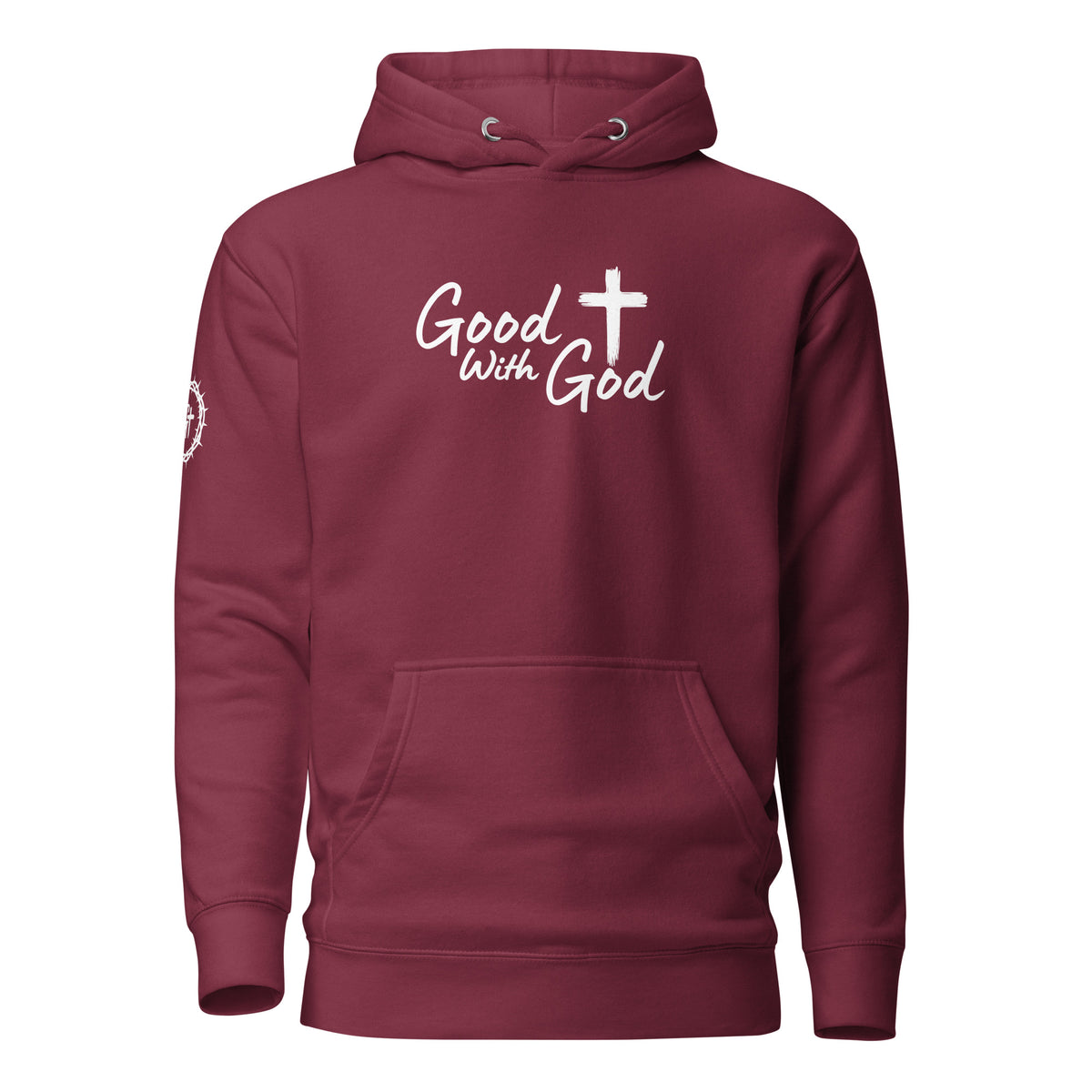 Front view of red Cotton Heritage M2580 unisex premium pullover hoodie with white Good With God Christian typography and cross graphic on chest.