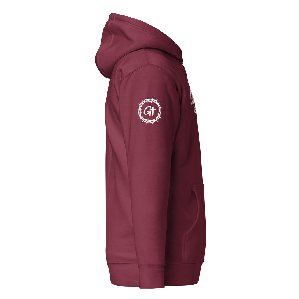 Right sleeve detail of red Good With God premium pullover hoodie featuring a white crown of thorns logo enclosing a cross graphic.
