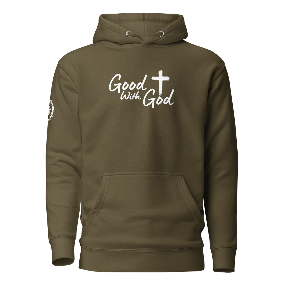 Front view of olive Cotton Heritage M2580 unisex premium pullover hoodie with white Good With God Christian typography and cross graphic on chest.
