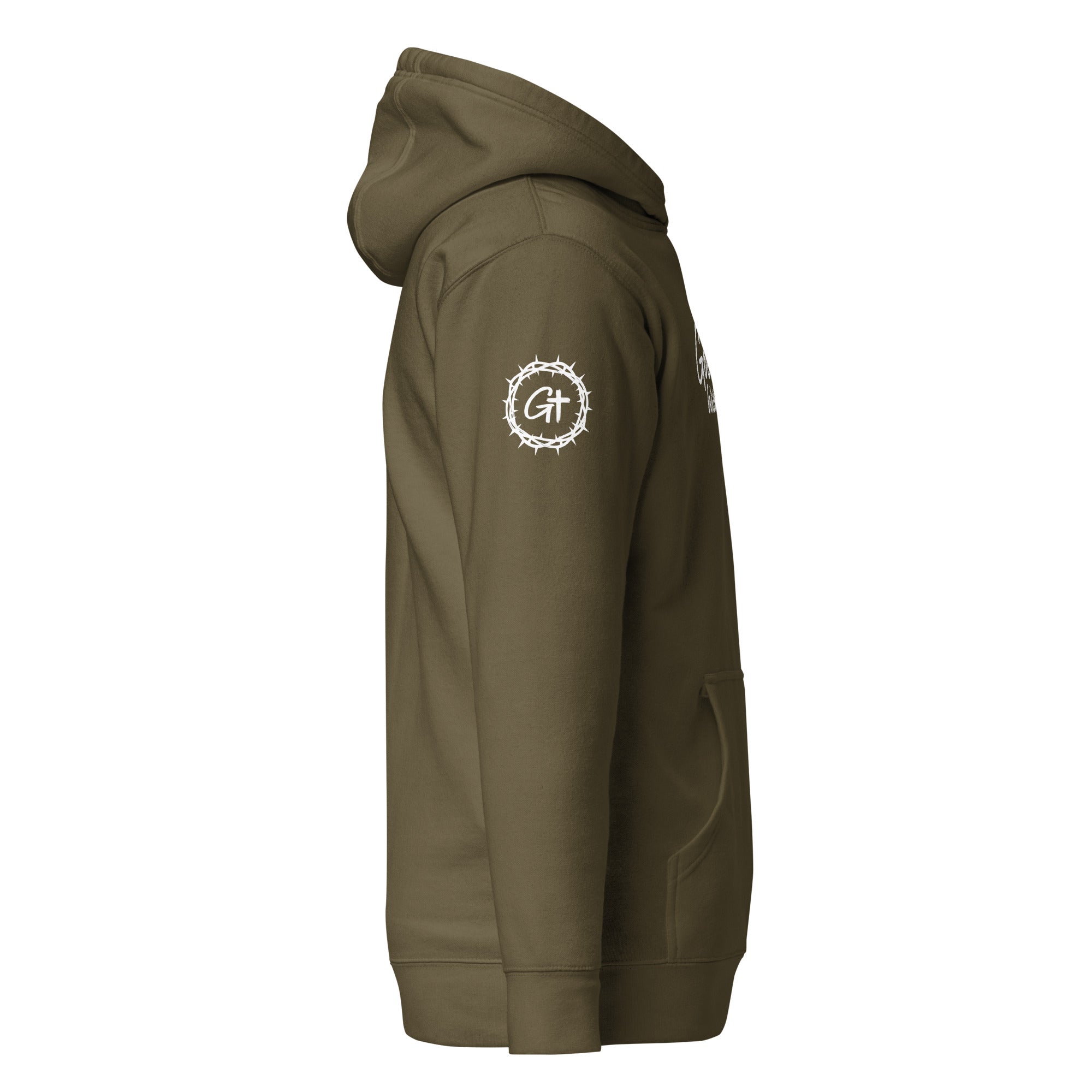 Right sleeve detail of olive Good With God premium pullover hoodie featuring a white crown of thorns logo enclosing a cross graphic.