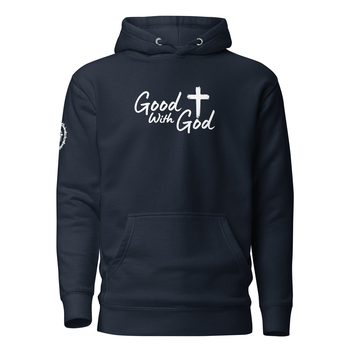 Front view of navy Cotton Heritage M2580 unisex premium pullover hoodie with white Good With God Christian typography and cross graphic on chest.