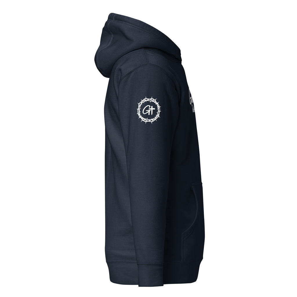 Right sleeve detail of navy Good With God premium pullover hoodie featuring a white crown of thorns logo enclosing a cross graphic.