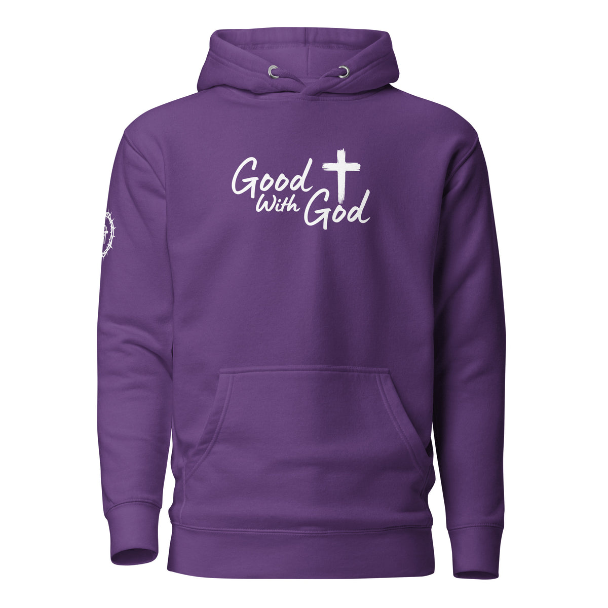 Front view of purple Cotton Heritage M2580 unisex premium pullover hoodie with white Good With God Christian typography and cross graphic on chest.
