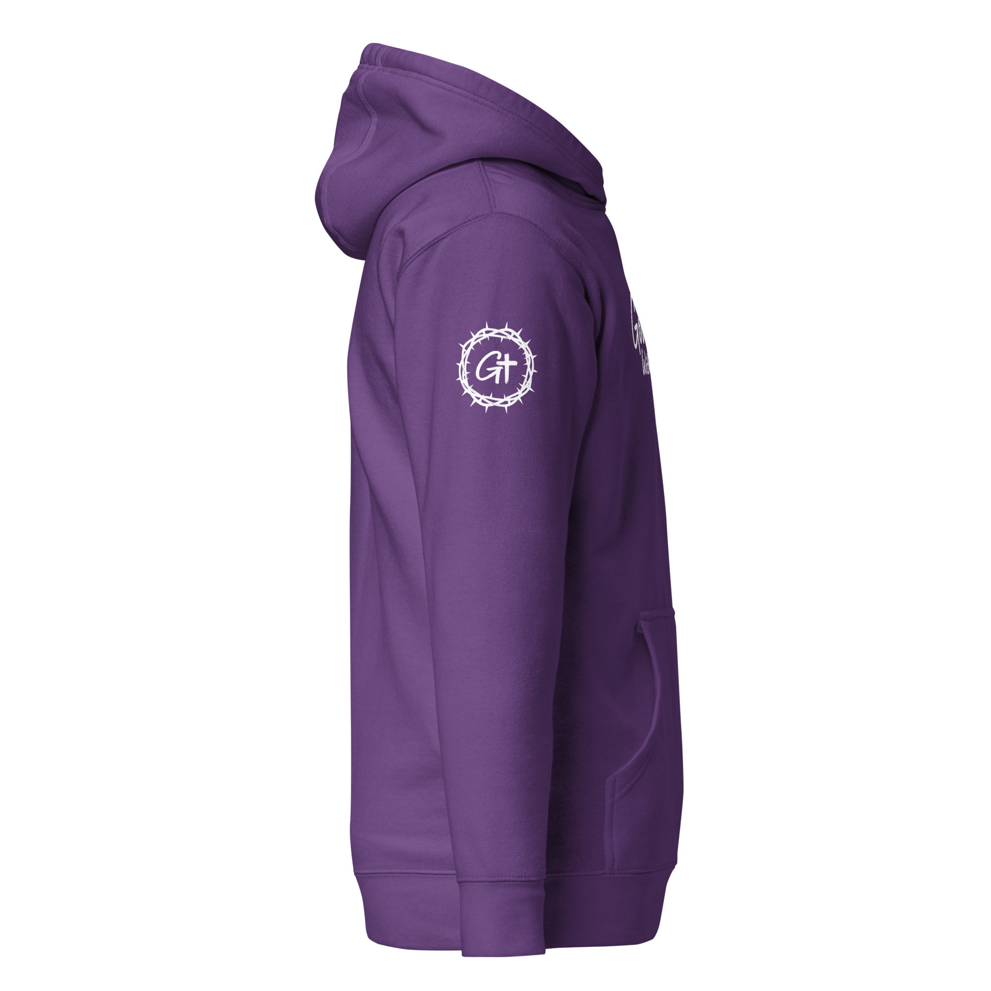 Right sleeve detail of purple Good With God premium pullover hoodie featuring a white crown of thorns logo enclosing a cross graphic.