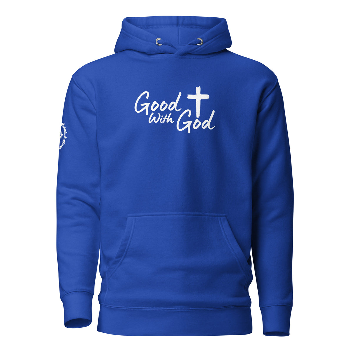Front view of blue Cotton Heritage M2580 unisex premium pullover hoodie with white Good With God Christian typography and cross graphic on chest.