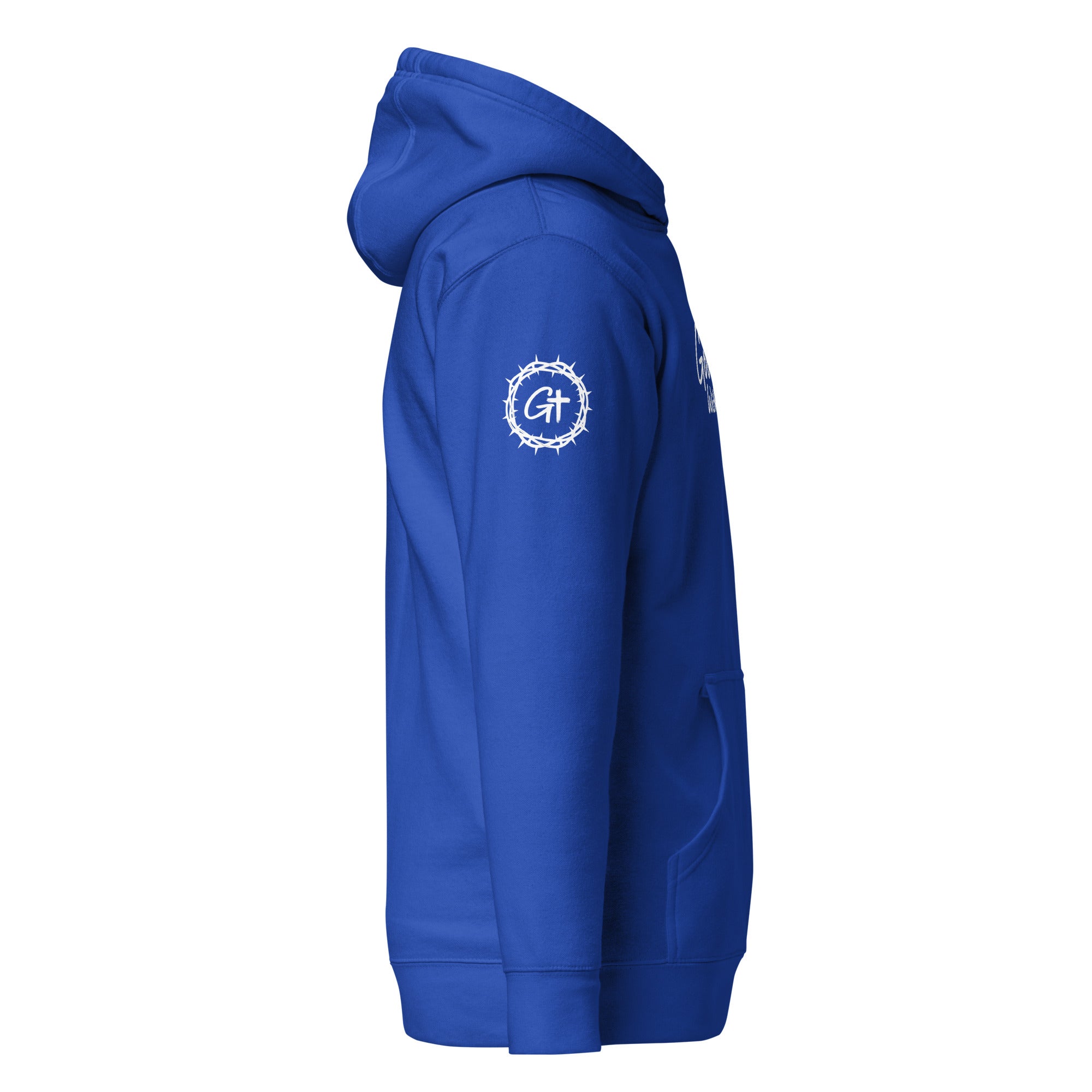 Right sleeve detail of blue Good With God premium pullover hoodie featuring a white crown of thorns logo enclosing a cross graphic.