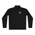A black long-sleeve quarter-zip pullover with a small white 'Good with God' logo on the left chest, displayed on a solid white background.