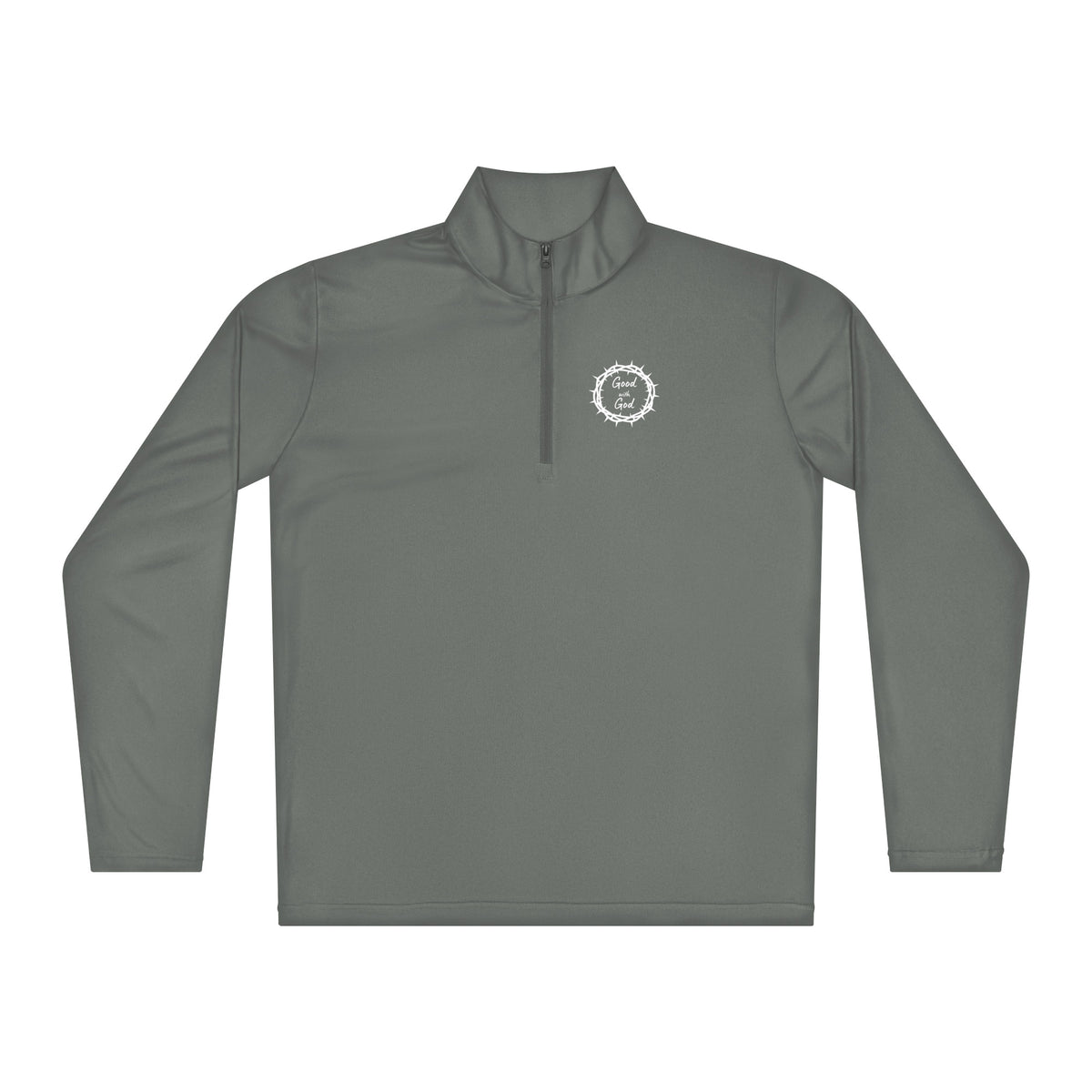 A grey long-sleeve quarter-zip pullover with a small white 'Good with God' logo on the left chest, displayed on a solid white background.