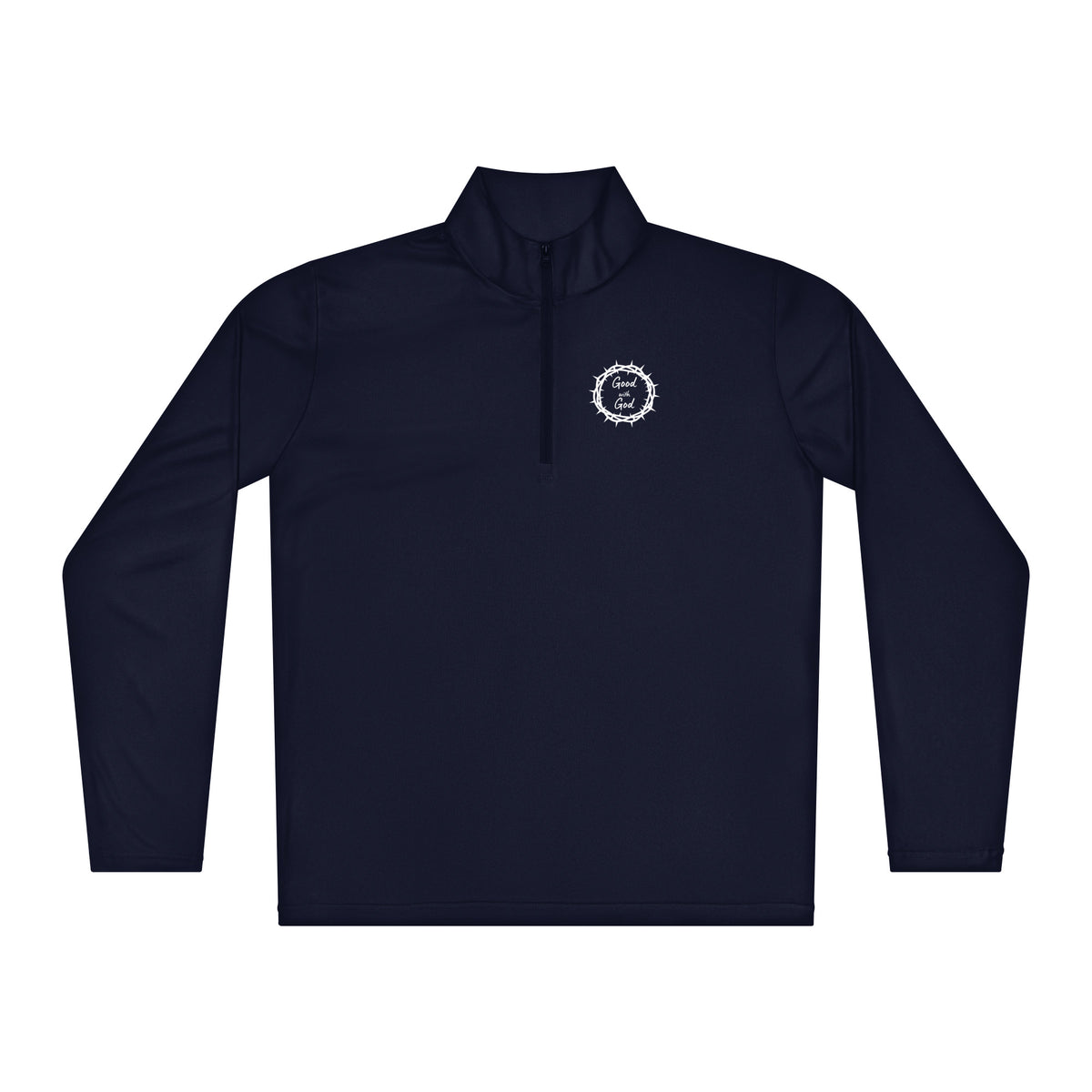 A navy long-sleeve quarter-zip pullover with a small white 'Good with God' logo on the left chest, displayed on a solid white background.