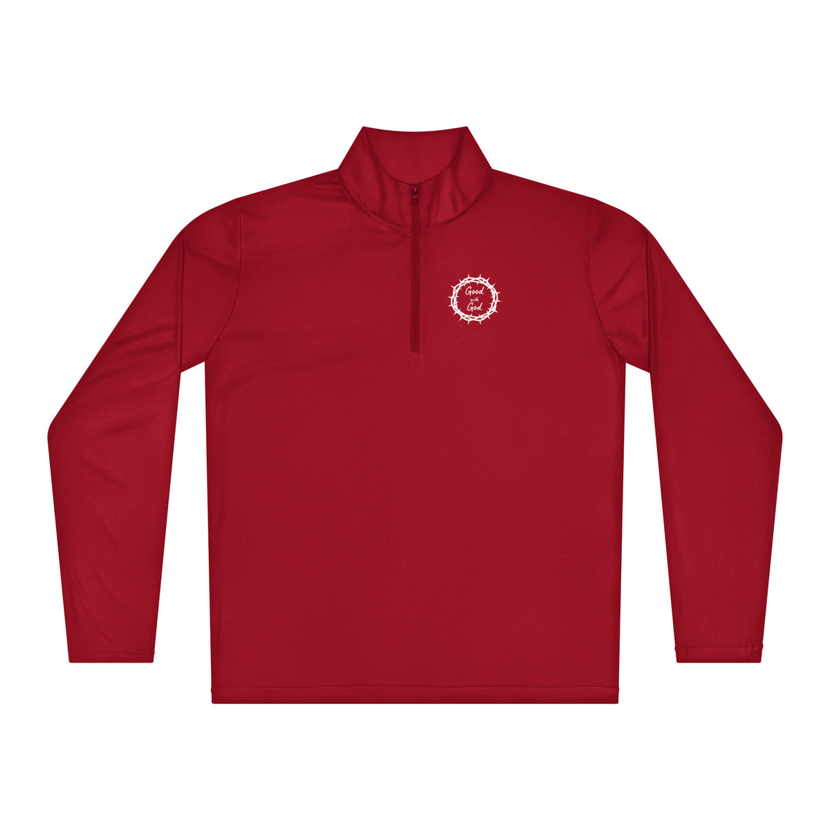 A red long-sleeve quarter-zip pullover with a small white 'Good with God' logo on the left chest, displayed on a solid white background.