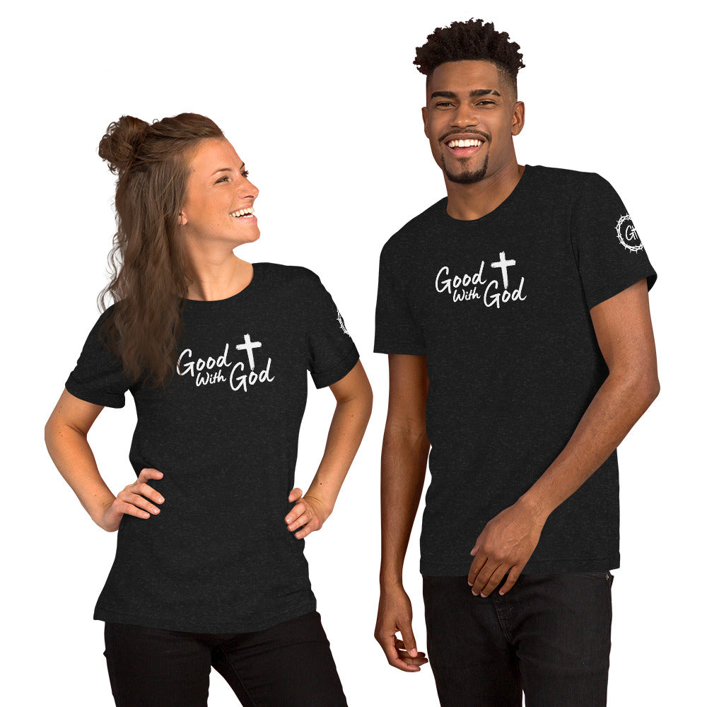 Two people wearing charcoal t-shirts with a mountain and 'Good with God' design on a white background
