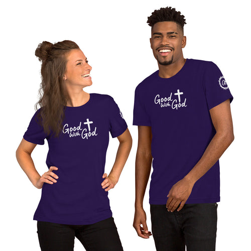 Two people wearing purple t-shirts with a mountain and 'Good with God' design on a white background